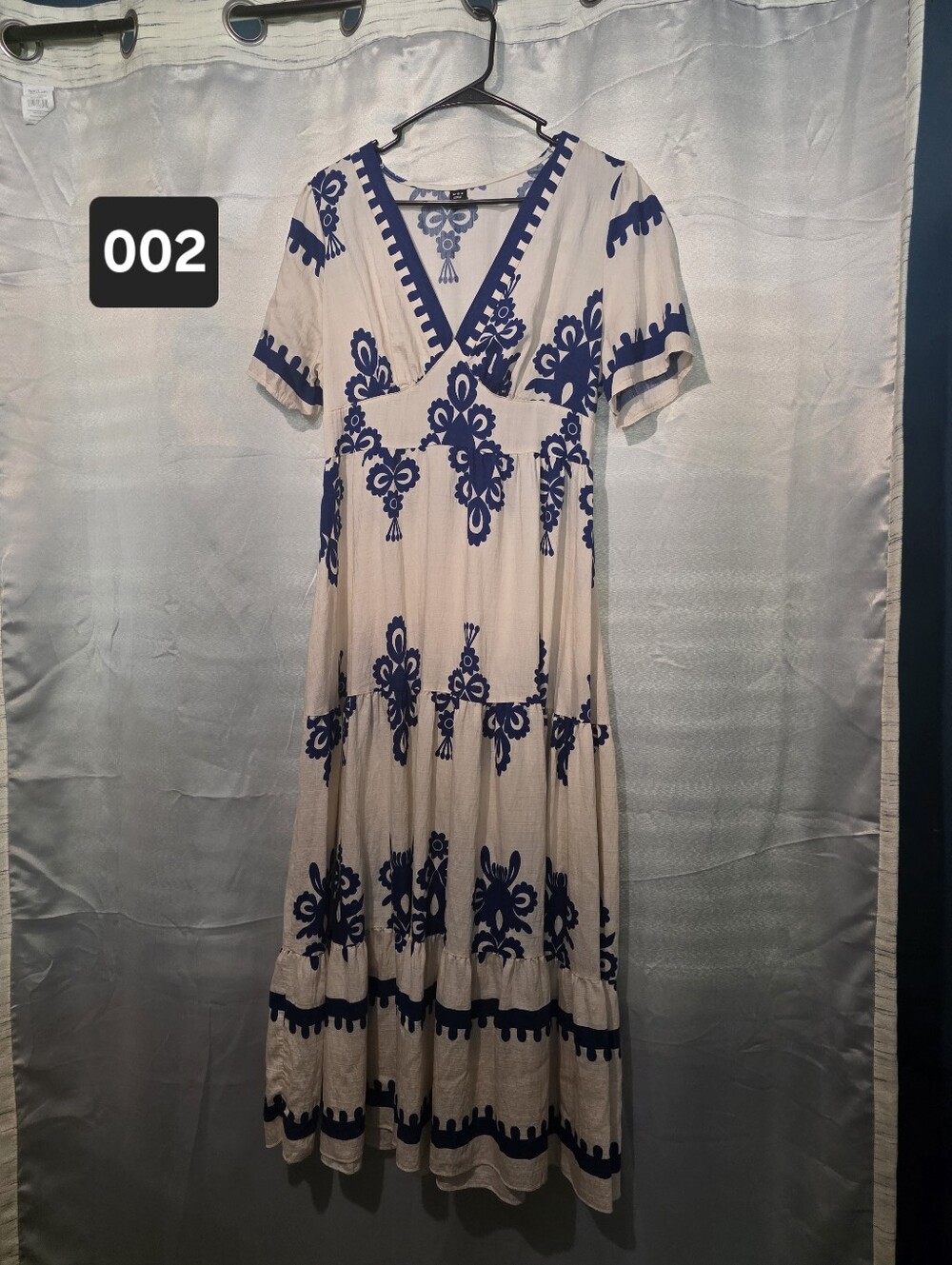 SHEIN Cream Maxi Dress with Navy Blue Embroidery